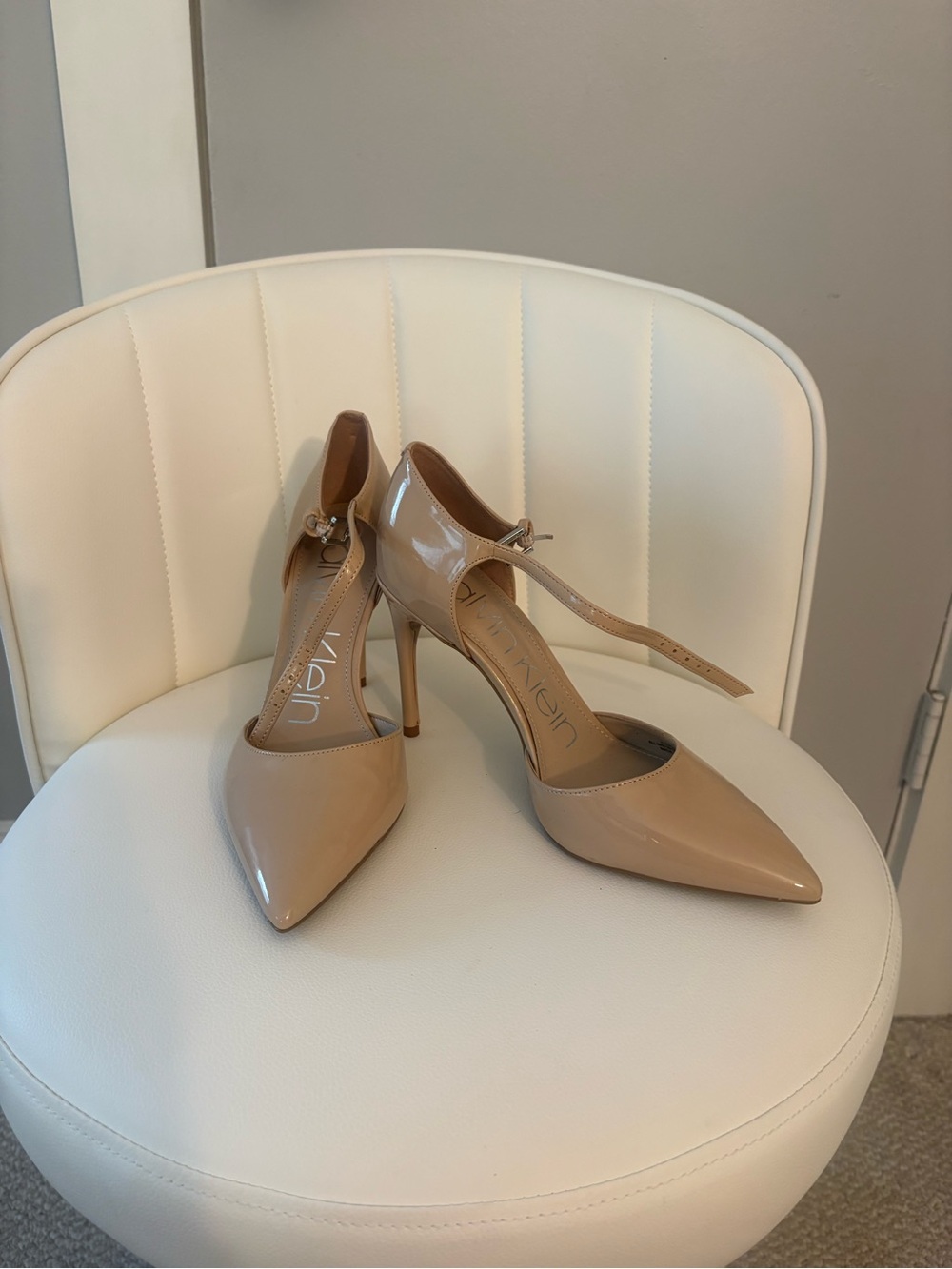 Calvin Klein Beige Patent T-Strap Pointed-Toe Pumps